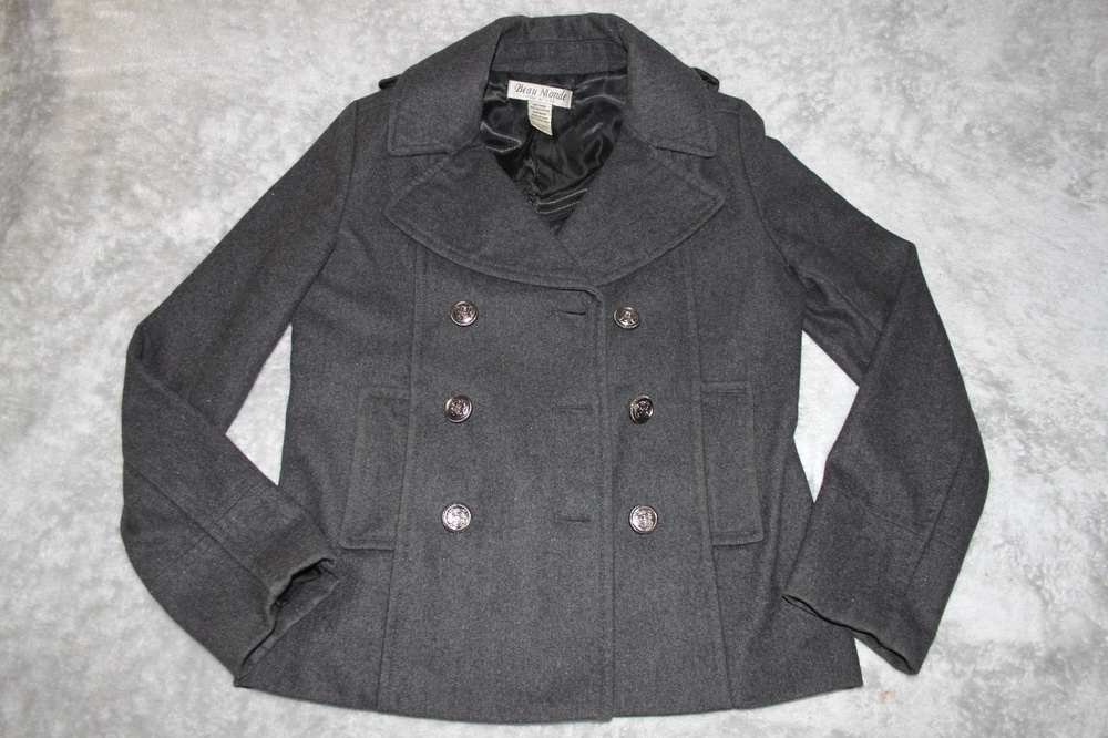 Beau Monde Coat Womens S Gray Tweed Pea Coat Lined Pockets Wool Collared Button
